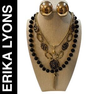 Curated Erika Lyons Black & Gold Statement Necklace & Mix/Match Jewelry Bundle